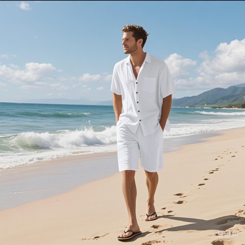 Men Linen Blend Camp Collar Sh - Linen Shorts Men review and price